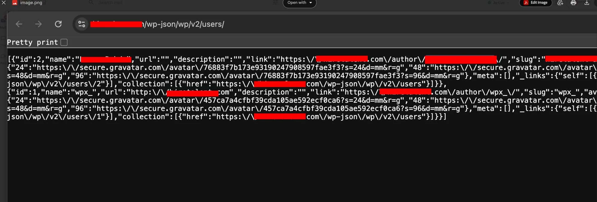 Browser screenshot showing WordPress REST API users endpoint with redacted domain name and usernames, displaying JSON data structure with publicly accessible author information