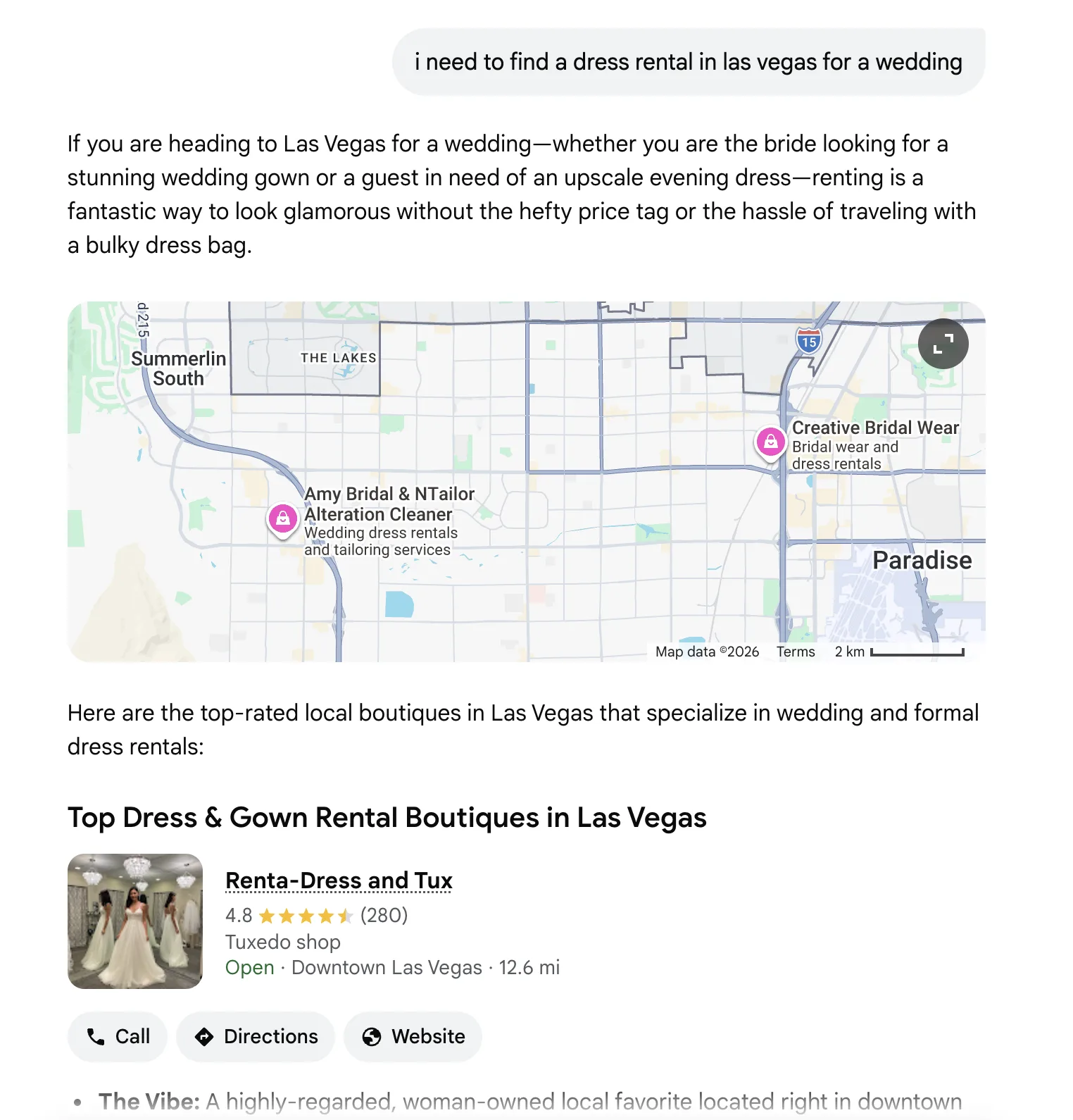 AI search answer displaying a Las Vegas client